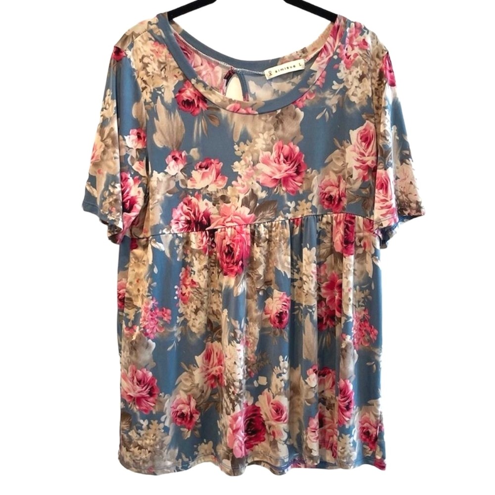 Simisue Babydoll Top Blue Floral Cottagecore Short Sleeve‎ Women Large